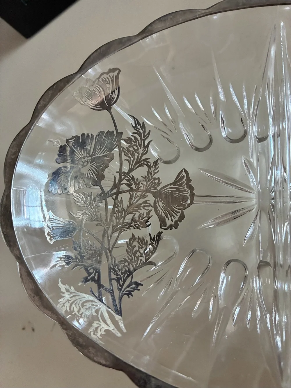 Silver City Glass Sterling Overlay Divided Oval Relish Dish Flanders Poppy